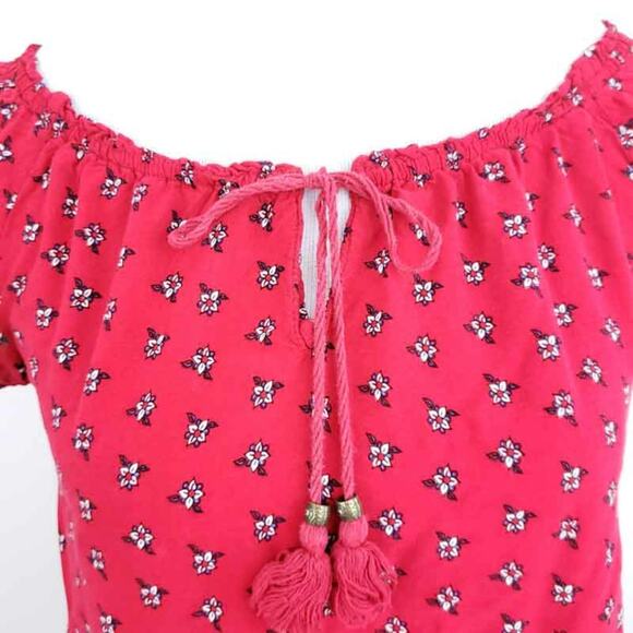 Forever 21 Peasant Blouse Front Tie Floral Red Blue Short Sleeve Summer Top Boho - Picture 3 of 10